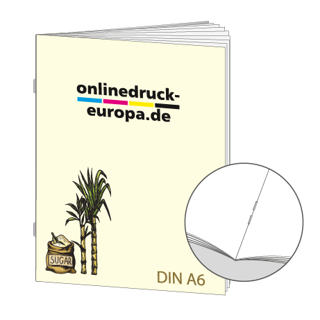 Broschüre aus Zuckerrohrpapier | DIN A6 32-Seiter | bedruckt